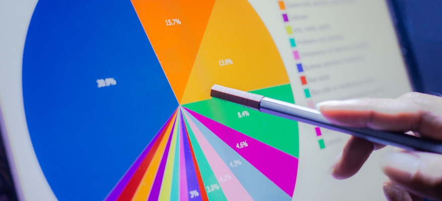 person pointing at a colourful pie chart