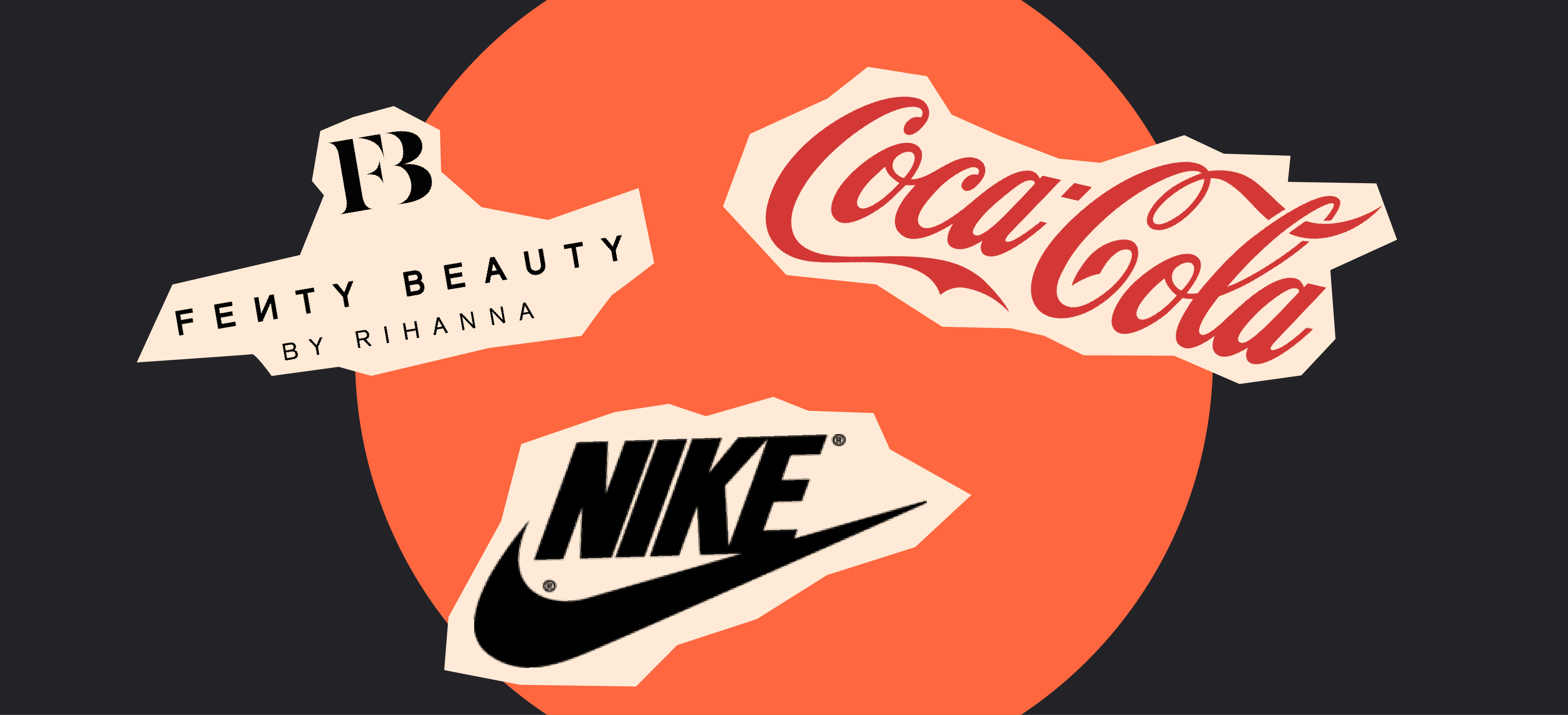 coca cola, nike, and fenty beauty icons on orange background